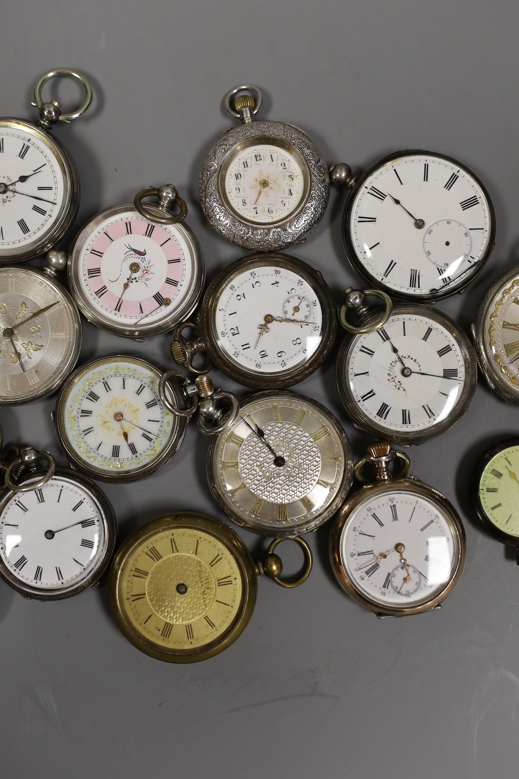 A collection of twenty five assorted mainly silver or white metal cased fob watches including Swiss, three gilt metal and one mother of pearl